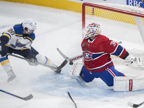 St. Louis Blues' Brandon Saad (20) scores on Canadiens goaltender Jake Allen in Montreal on Saturday, Jan. 7, 2023.