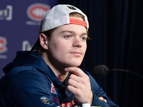 Montreal Canadiens forward Cole Caufield speaks to the media about his season-ending shoulder injury on 27, 2023, in Montreal.