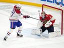 Florida Panthers' Sergei Bobrovsky stops Montreal Canadiens right-winger Josh Anderson during the first period at FLA Live Arena in Sunrise, Fla., on Dec. 29, 2022.