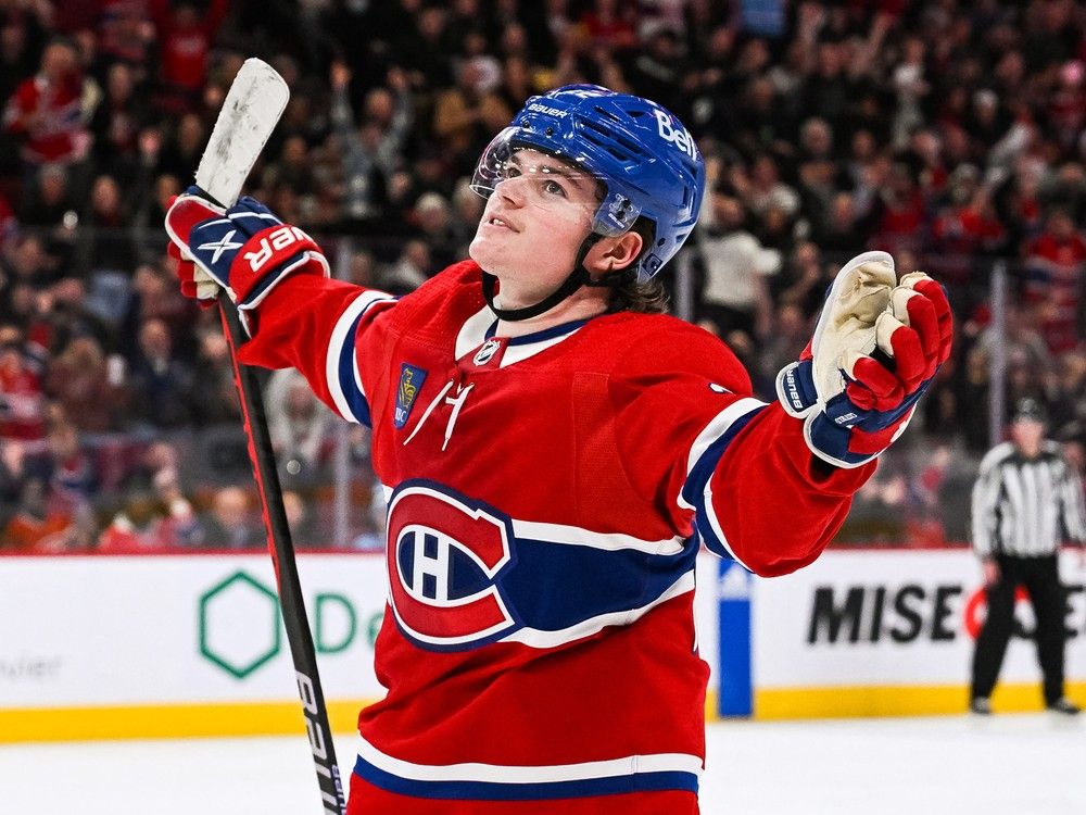 Montreal Canadiens right wing Cole Caufield (22) celebrates his