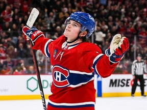 Canadiens right wing Cole Caufield (22) celebrates his goal against the Nashville Predators during the second period at the Bell Centre in Montreal on Jan. 12, 2023.