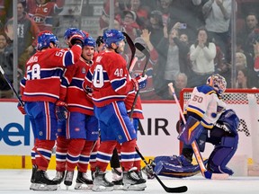 Canadiens forward Joel Armia (40) celebrates after scoring a goal against St. Louis Blues goalie Jordan Binnington during the third period at the Bell Centre in Montreal on Saturday, Jan. 7, 2023.