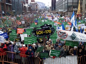 Protesters demonstrating against municipal mergers fill McGill College Ave. in Montreal on Dec. 10, 2000.