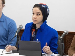 Maryam Bessiri, spokesperson for the citizens' committee organizing the event, speaks during a press conference for the 6th annual commemoration of the shooting at the Islamic Cultural Centre in Quebec City, Thursday January 26, 2023.