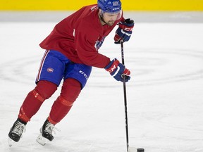 Rocket's Alex Belzile during practice in Laval on Jan. 16, 2023. Belzile, who just had a five-game stint with the Canadiens during which he produced four assists, showcased his hockey talent in the AHL all-star skills competition Sunday, Feb. 5, 2023, at Place Bell in Laval.
