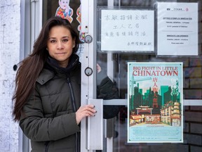 Filmmaker Karen Cho in the doorway of Wing's Noodle Factory in Montreal's Chinatown. Her great-grandfather was an associate in the company that became Wing's Noodles.