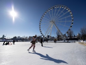 Skaters enjoy the warm weather in the Old Port of Montreal Feb. 6, 2023.