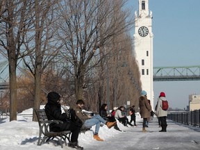 People enjoy the wonderful rays of  the sun at the Clock Tower in the Old Port Feb. 13, 2023. Skies will be somewhat cloudier on the 15th.