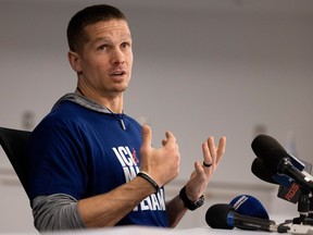 Montreal Alouettes quarterback Trevor Harris speaks during a news conference in Montreal on Nov. 14, 2022.