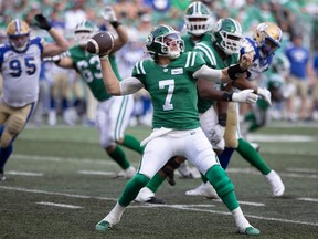 New Montreal Alouettes quarterback Cody Fajardo throws for Saskatchewan Roughriders during the first half against the Winnipeg Blue Bombers in Regina on Sept. 4, 2022.