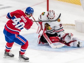 Montreal Canadiens right wing Joel Armia (40) is stopped on a breakaway by Chicago Blackhawks goaltender Jaxson Stauber (30) during 2nd period NHL action at the Bell Centre in Montreal on Tuesday Feb. 14, 2023.