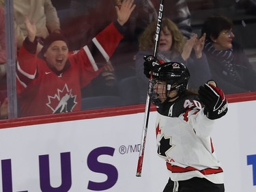 Blayre Turnbull celebrates her second goal of the second period on team USA in the final game of the women's hockey Rivalry Series in Laval on Wednesday Feb. 22, 2023.