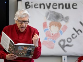 Author Roch Carrier reads his famous book, The Hockey Sweater to French immersion students at Sherbrooke Academy Junior School in Beaconsfield last Friday.
