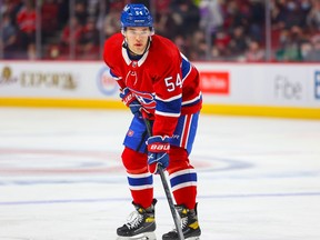 Montreal Canadiens defenceman Jordan Harris lines up for a faceoff during third period against the Ottawa Senators in Montreal on April 5, 2022.