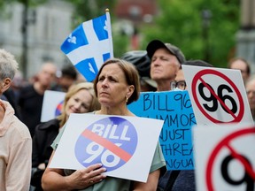 English-speaking opponents of Quebec's French-language law (Bill 96) protest in downtown Montreal in May 2022.