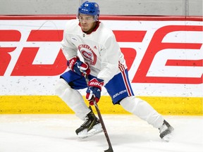 Defenseman Jayden Struble handles the puck during Montreal Canadiens development camp at the Bell Sports Complex in Brossard on June 26, 2019.