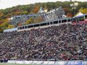 Montreal Alouettes fans fill the north stands at Molson Stadium during a game against the Ottawa Redblacks in Montreal on Oct. 11, 2021.