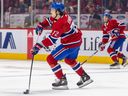 Montreal Canadiens defenceman Arber Xhekaj makes a pass during first period against the Arizona Coyotes in Montreal on Oct. 20, 2022.