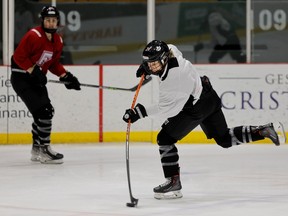 Montreal Force Ann-Sophie Bettez takes a shot on net during a team practice in Montreal on Jan. 17, 2023.