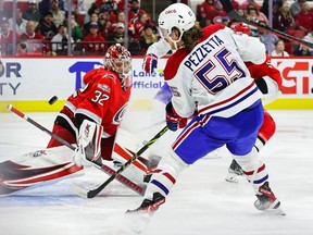 Michael Pezzetta #55 of the Montreal Canadiens scores a goal during the first period of the game against the Carolina Hurricanes at PNC Arena on Feb. 16, 2023 in Raleigh, North Carolina.