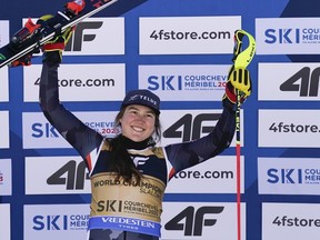 Quebec's Laurence St-Germain of Team Canada celebrates after winning the gold medal in the FIS Alpine World Cup Championships Women's Slalom on Feb. 18, 2023 in Courchevel Meribel, France.