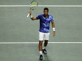 Montreal's Félix Auger-Aliassime celebrates victory against Lorenzo Sonego of Italy during the second day of the ABN AMRO Open on Feb. 14, 2023 in Rotterdam, Netherlands.