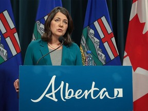 Alberta Premier Danielle Smith speaks during a media press conference in Calgary on Thursday, Feb. 9, 2023.