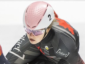 Kim Boutin of Sherbrooke (pictured), Courtney Sarault of Moncton, N.B., Fredericton's Rikki Doak and Renee Steenge of Brampton, Ont., of the Canadian women's relay squad won a World Cup short-track silver medal in Dresden, Germany, on Sunday, Feb. 5, 2023.