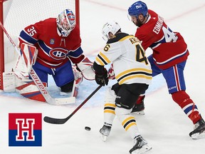 Montreal Canadiens goaltender Sam Montembeault keeps his eyes on the puck as Boston Bruins forward David Krejci makes his way past Joel Edmundson during the second period at the Bell Centre on Jan. 24, 2023