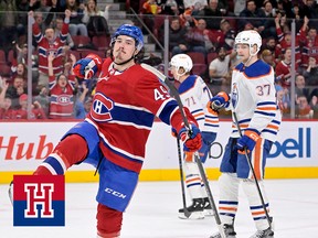 Montreal Canadiens forward Rafael Harvey-Pinard celebrates after scoring a goal against the Edmonton Oilers during the second period at the Bell Centre on Feb. 12, 2023.