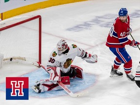 Montreal Canadiens defenseman Justin Barron scores against Chicago Blackhawks goaltender Jaxson Stauber during first period of NHL action at the Bell Centre on Feb. 14, 2023