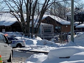 Laval police secure the scene after an STL bus crashed into a daycare centre Feb. 8, 2023.