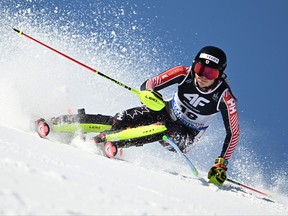 Quebec City's Laurence St-Germain competes during the first run of the slalom event of the FIS Alpine Ski World Championship in Meribel, France, on Feb. 18, 2023.
