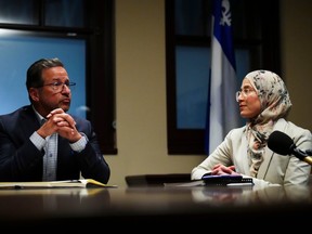 Amira Elghawaby, the federal government’s special representative on combatting Islamophobia, meets with Bloc Québécois Leader Yves-François Blanchet in Ottawa on Wednesday February 1, 2023.
