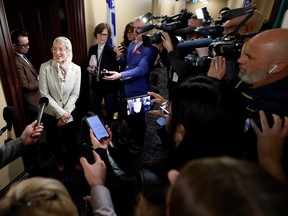 Canada's new anti-Islamophobia representative Amira Elghawaby speaks to media on Parliament Hill Feb. 1, 2023.