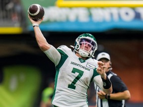 Saskatchewan Roughriders quarterback Cody Fajardo throws a pass against the BC Lions during the second half at BC Place in Vancouver on Aug. 26, 2022.