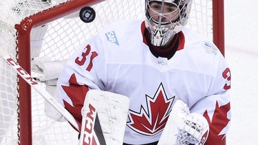 Team Canada goalie Carey Price makes a save against Team Europe during second period of World Cup of Hockey finals in Toronto on Sept. 29, 2016.