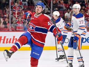 Montreal Canadiens forward Rafaël Harvey-Pinard celebrates after scoring a goal against the Edmonton Oilers during the second period at the Bell Centre in Montreal on Feb 12, 2023.