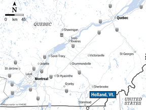 Map showing location of Holland, Vt., just southeast of Stanstead, Quebec
