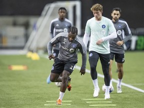 CF Montreal defender Zachary Brault-Guillard goes through a drill the first day of training camp in Montreal on Monday, January 9, 2023. With the first leg of their pre-season camp finished, CF Montréal has temporarily relocated to Fort Lauderdale, Fla., for three weeks before opening the 2023 Major League Soccer season against Inter Miami.