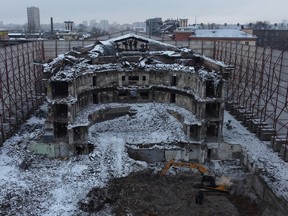 An aerial view shows a theatre building destroyed in the course of Russia-Ukraine conflict in Mariupol on Feb. 2, 2023. “Since this cruel invasion, most theatres have been reduced to silence," says playwright Michel-Marc Bouchard.