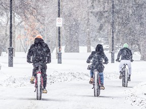 A snowy day made for a picturesque ride through Parc Jean-Drapeau on Montreal's Île-Notre-Dame on Sunday February 26, 2023.