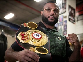 World Boxing Association light-heavyweight Jean Pascal with his title belt after a news conference in Montreal Jan. 8, 2020. Pascal defended his title on Dec. 29 and won on a split-decision victory over Badou Jack.