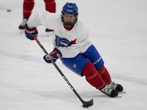 Laval Rocket right-winger Xavier Simoneau practises at Place Bell in Laval on Feb. 9, 2023.