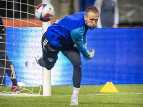 CF Montréal goalkeeper Jonathan Sirois throws the ball to a teammate during 5-on-5 game at practice at the Olympic Stadium in Montreal on March 1, 2023.