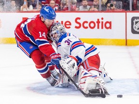 Montreal Canadiens' Nick Suzuki can't beat New York Rangers goalie Igor Shesterkin during the shootout of a National Hockey League game in Montreal Thursday March 9, 2023.