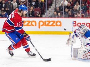 New York Rangers goaltender Igor Shesterkin stops Montreal Canadiens forward Josh Anderson's break-away shot during the third period of a National Hockey League game in Montreal Thursday March 9, 2023.