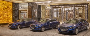 A fleet of luxury cars by Mercedes, Bentley and Rolls-Royce awaits guests.