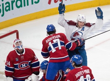Colorado Avalanche right wing Mikko Rantanen (96) scores against Montreal Canadiens goaltender Jake Allen (34) during second-period NHL action at the Bell Centre in Montreal on Monday March 13, 2023.