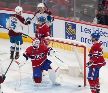 A dejected Montreal Canadiens goaltender Jake Allen (34) after being scored against by the Colorado Avalanche during first-period NHL action at the Bell Centre in Montreal on Monday March 13, 2023.